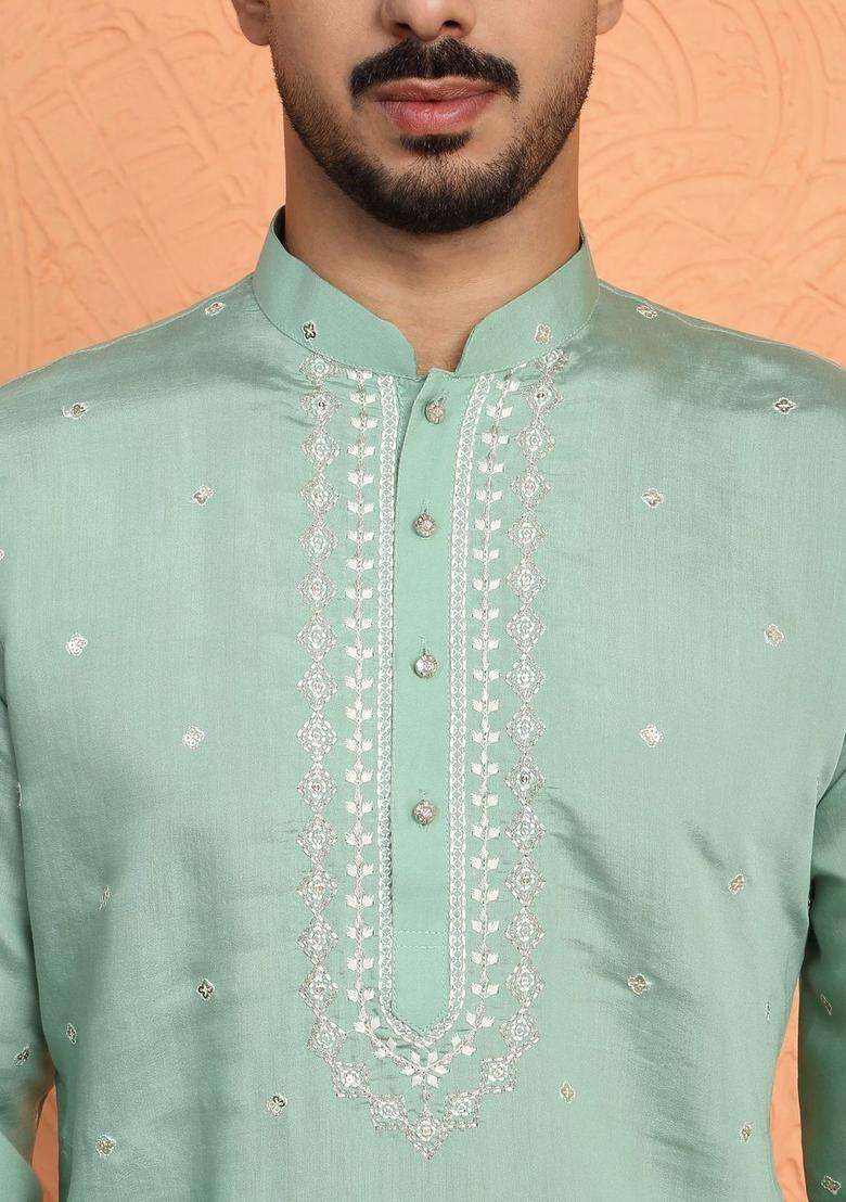 Sea Green Embroidered Silk Blend Kurta Set For Men - Indya