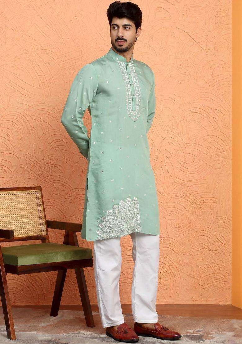 Sea Green Embroidered Silk Blend Kurta Set For Men - Indya