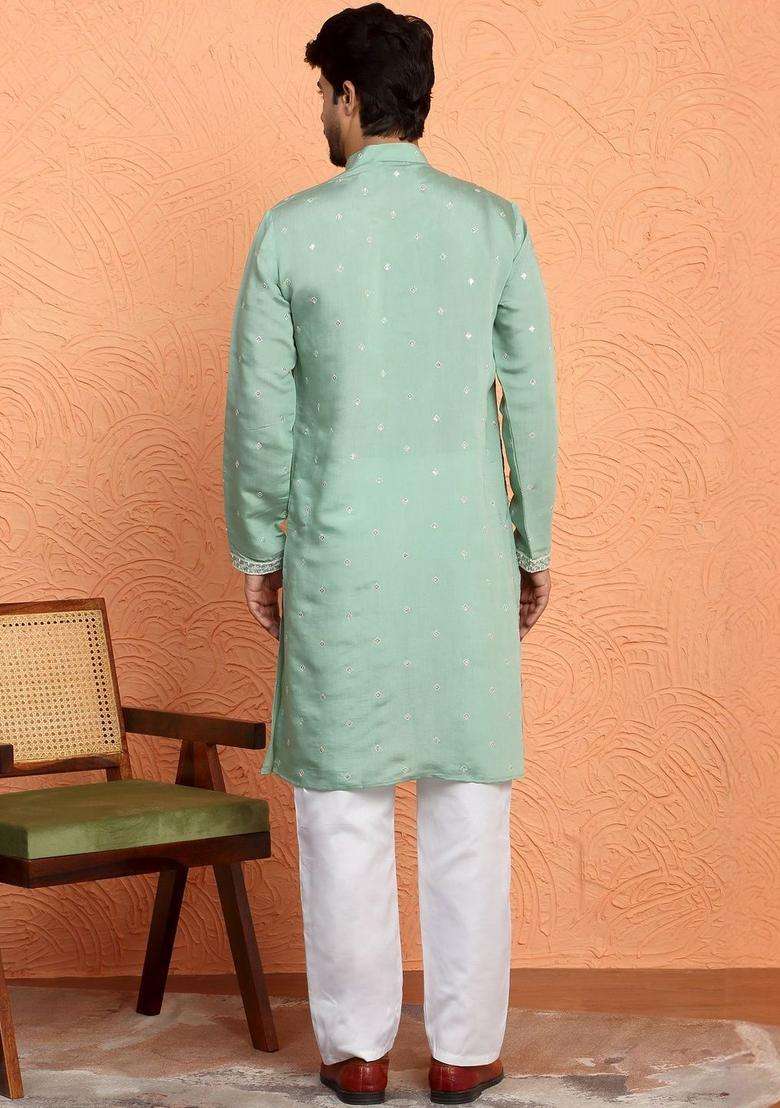 Sea Green Embroidered Silk Blend Kurta Set For Men - Indya
