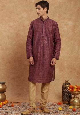 Brown Woven Design Viscose Kurta Set For Men