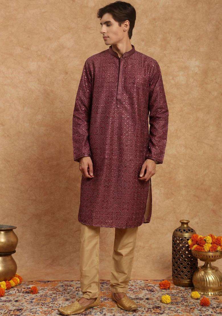 Brown Woven Design Viscose Kurta Set For Men - Indya