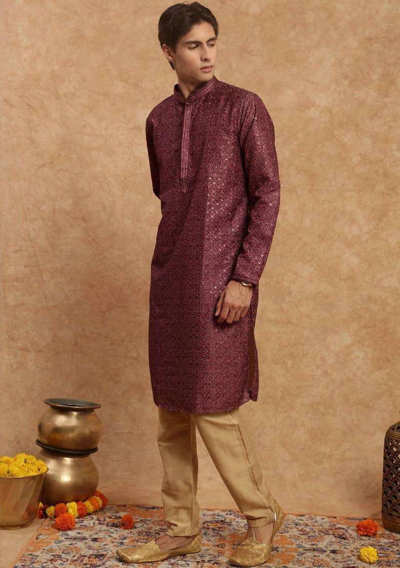 Brown Woven Design Viscose Kurta Set For Men - Indya