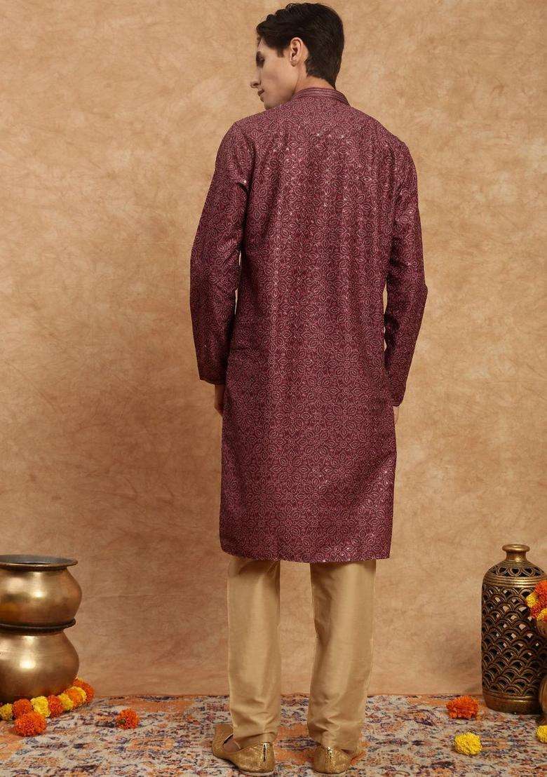 Brown Woven Design Viscose Kurta Set For Men - Indya