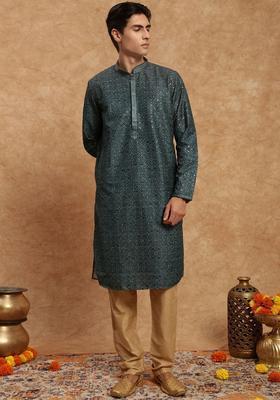 Green Woven Design Viscose Kurta Set For Men