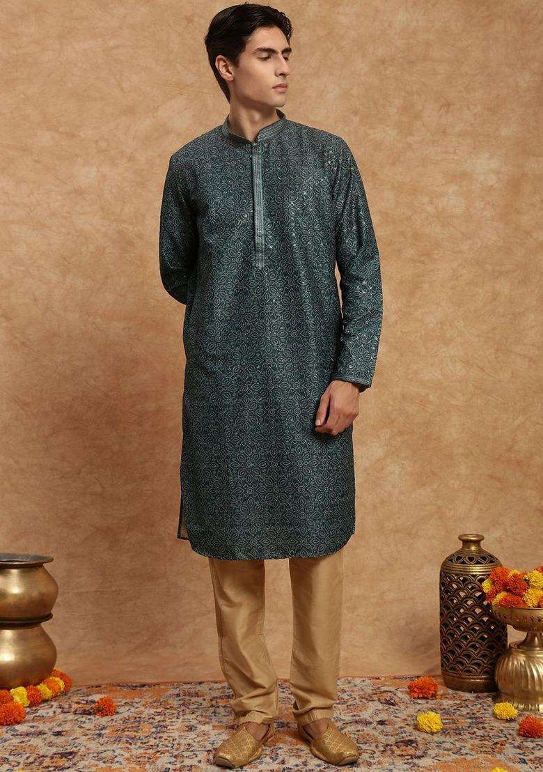Green Woven Design Viscose Kurta Set For Men - Indya