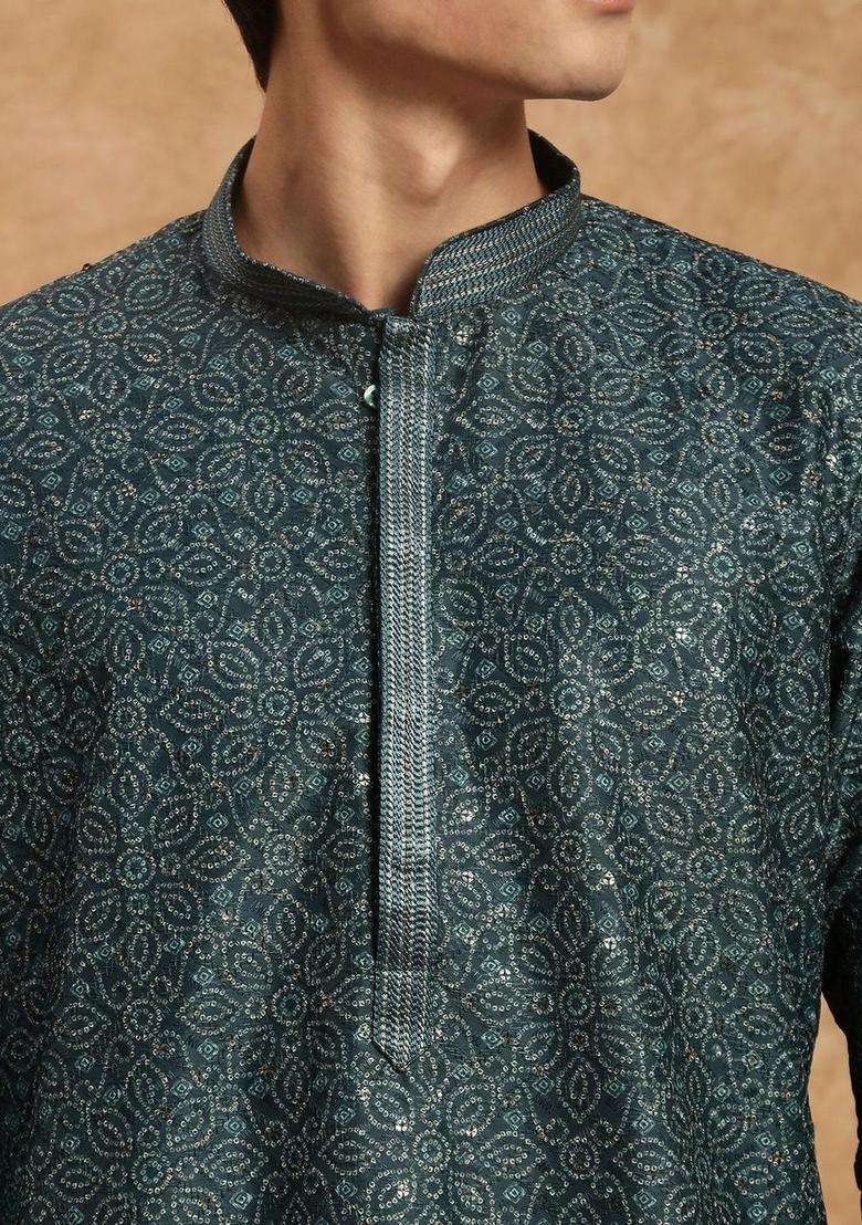 Green Woven Design Viscose Kurta Set For Men - Indya