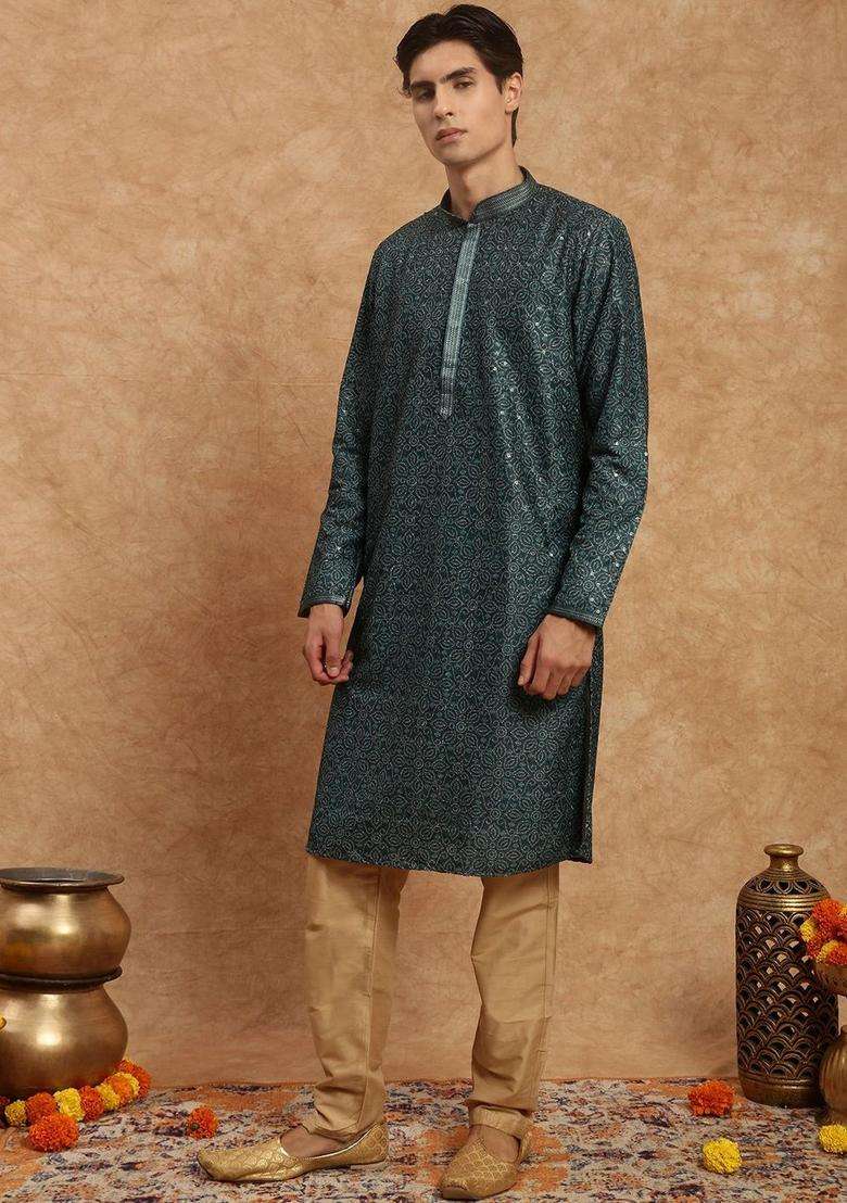 Green Woven Design Viscose Kurta Set For Men - Indya