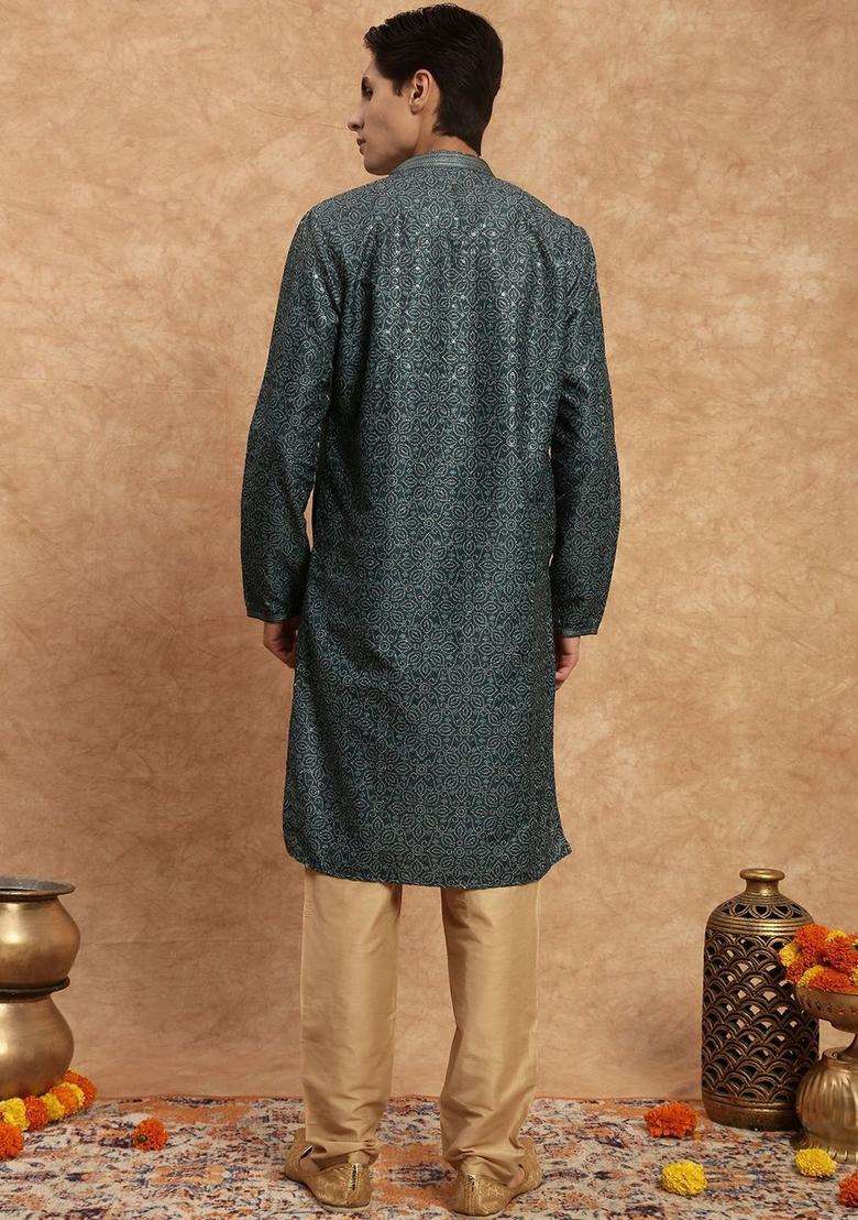 Green Woven Design Viscose Kurta Set For Men - Indya