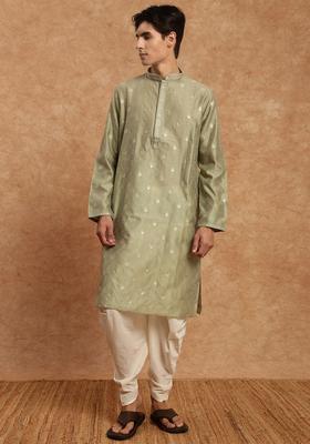 Green Woven Design Silk Blend Kurta Set For Men