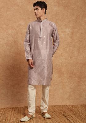 Purple Woven Design Silk Kurta Set For Men