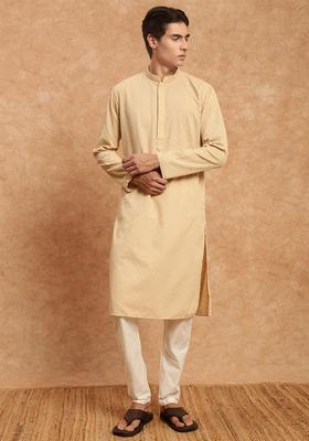 Beige Solid Cotton Kurta Set For Men