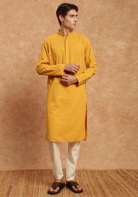 Mustard Embroidered Cotton Kurta Set For Men