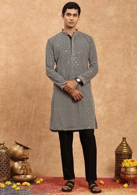 Grey Embroidered Viscose Kurta Set For Men