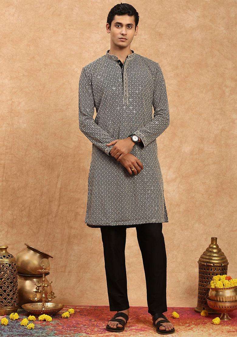 Grey Embroidered Viscose Kurta Set For Men - Indya
