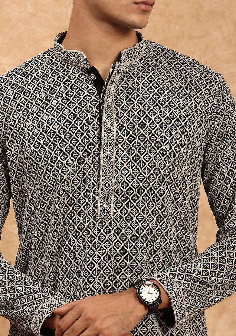 Grey Embroidered Viscose Kurta Set For Men - Indya