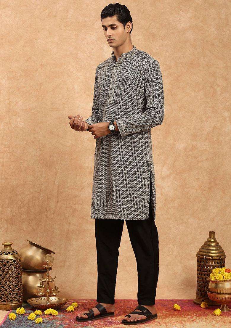 Grey Embroidered Viscose Kurta Set For Men - Indya