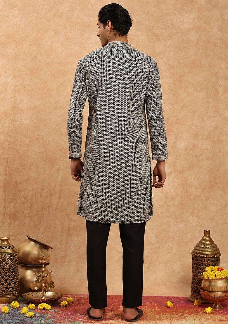 Grey Embroidered Viscose Kurta Set For Men - Indya