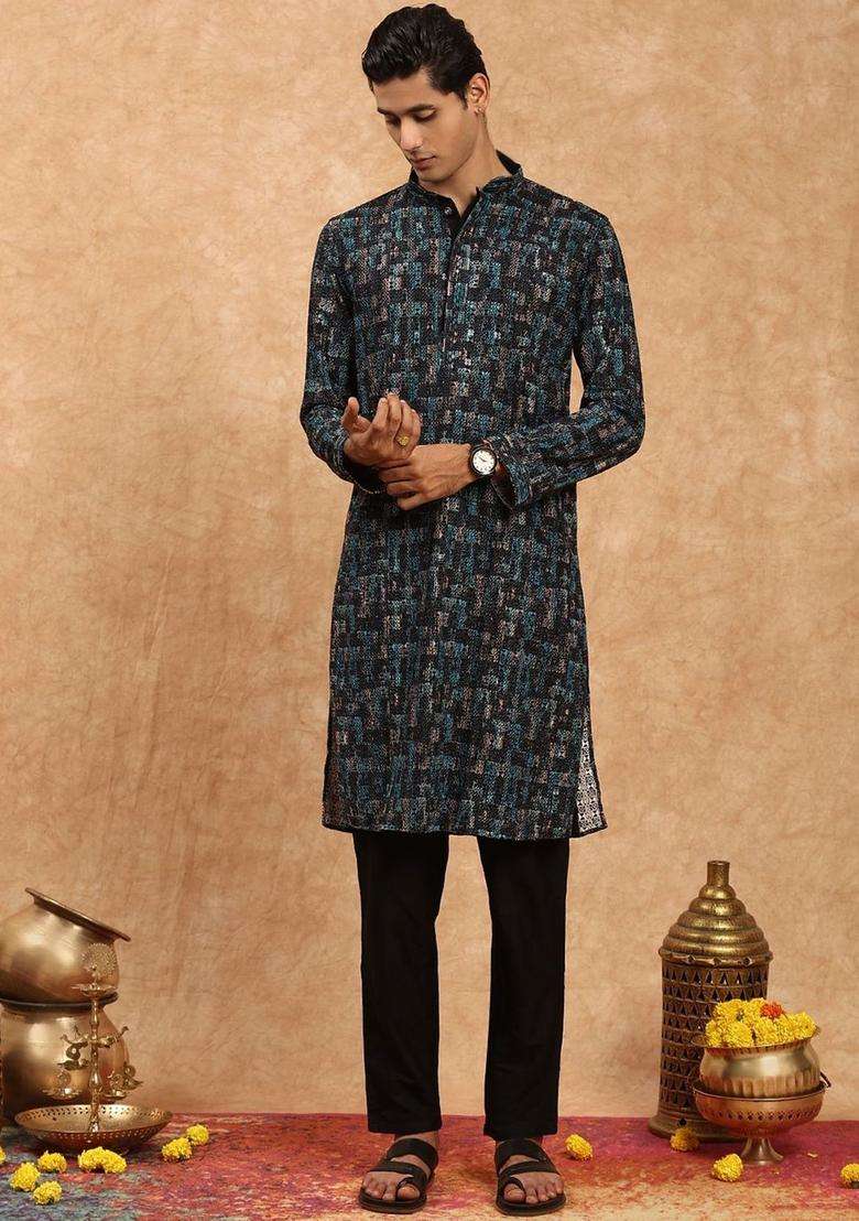 Green Embroidered Viscose Kurta Set For Men - Indya