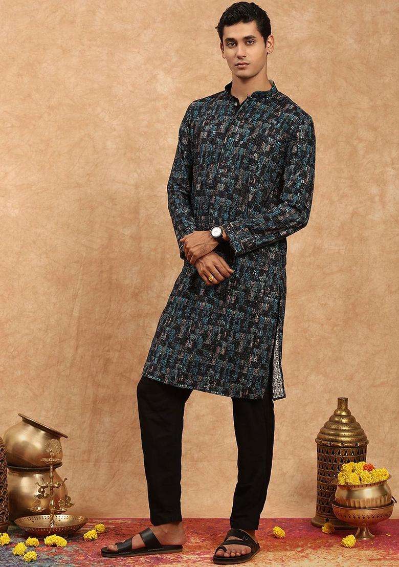 Green Embroidered Viscose Kurta Set For Men - Indya