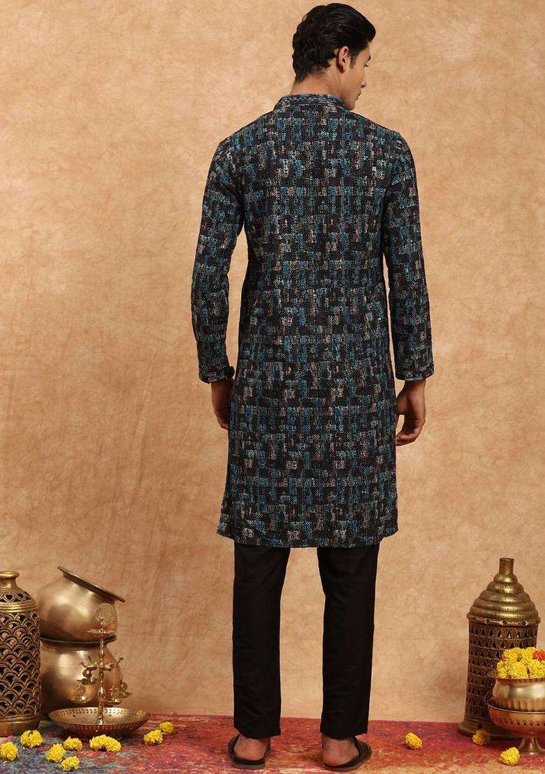 Green Embroidered Viscose Kurta Set For Men - Indya