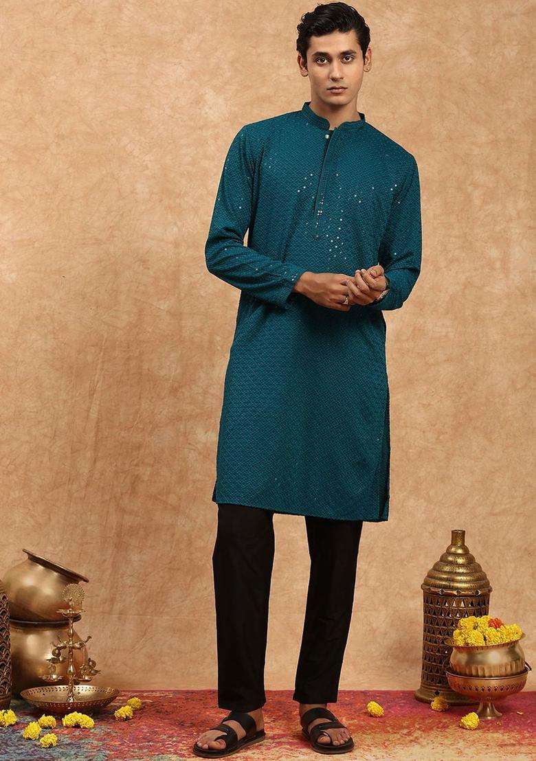 Green Embroidered Viscose Kurta Set For Men - Indya