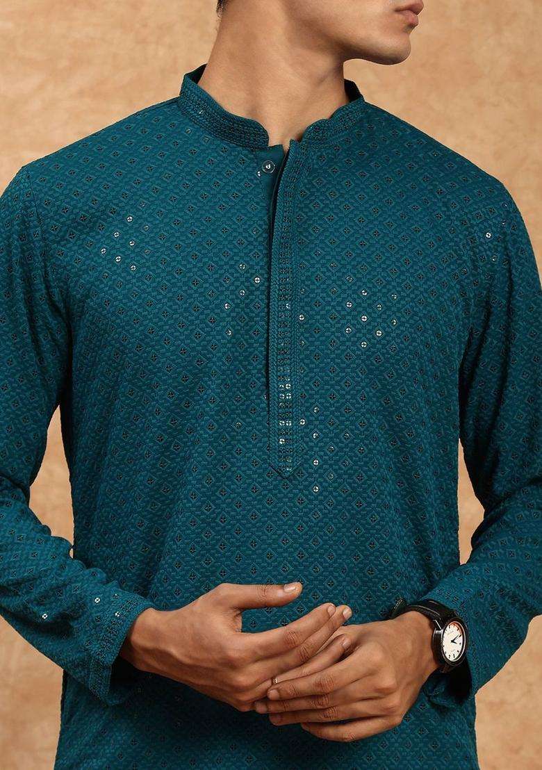 Green Embroidered Viscose Kurta Set For Men - Indya
