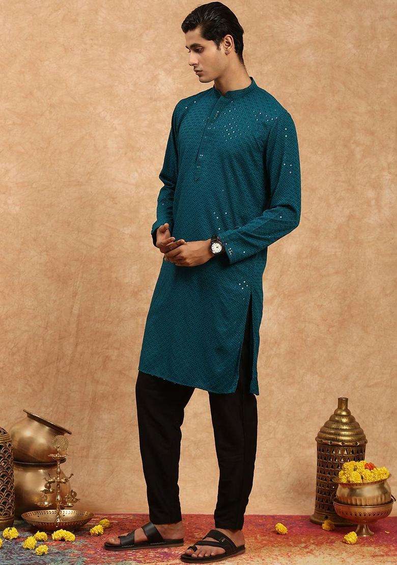 Green Embroidered Viscose Kurta Set For Men - Indya