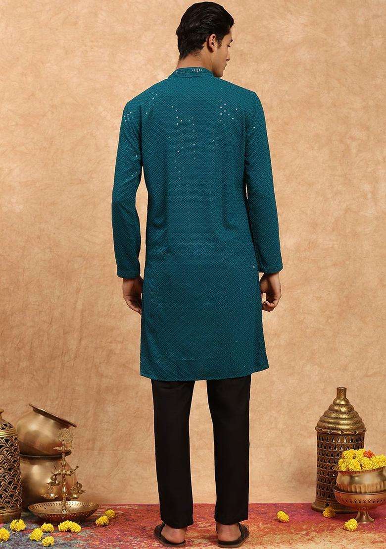 Green Embroidered Viscose Kurta Set For Men - Indya