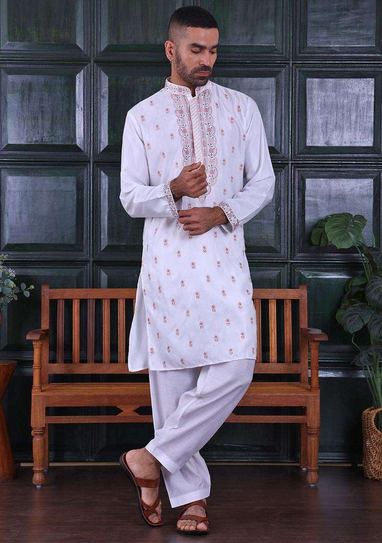 White Embroidered Viscose Kurta Set For Men - Indya