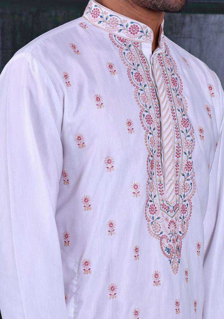 White Embroidered Viscose Kurta Set For Men - Indya