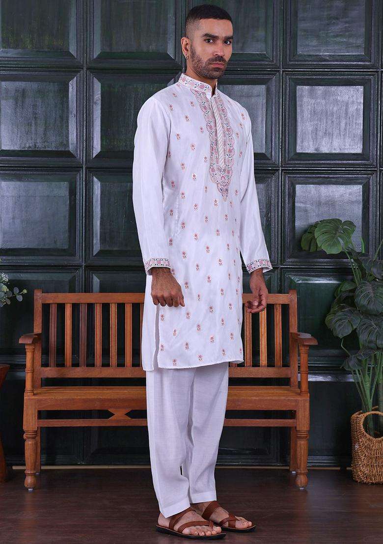 White Embroidered Viscose Kurta Set For Men - Indya