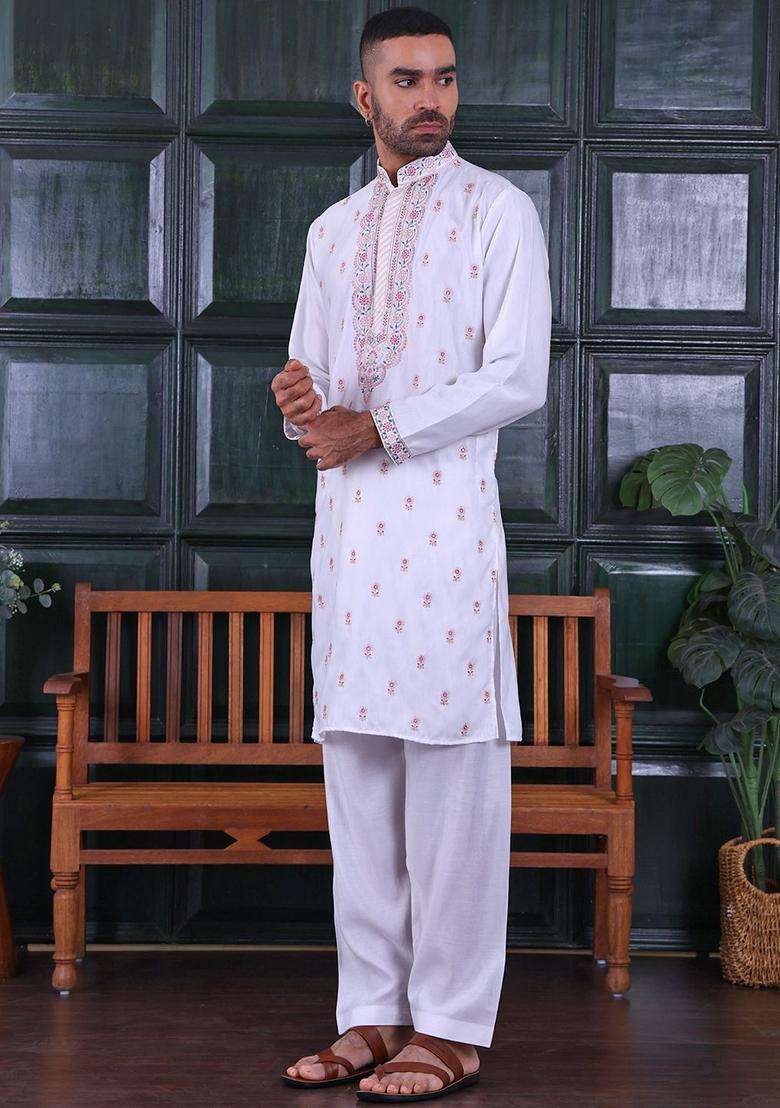 White Embroidered Viscose Kurta Set For Men - Indya