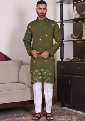 Green Embroidered Viscose Kurta Set For Men
