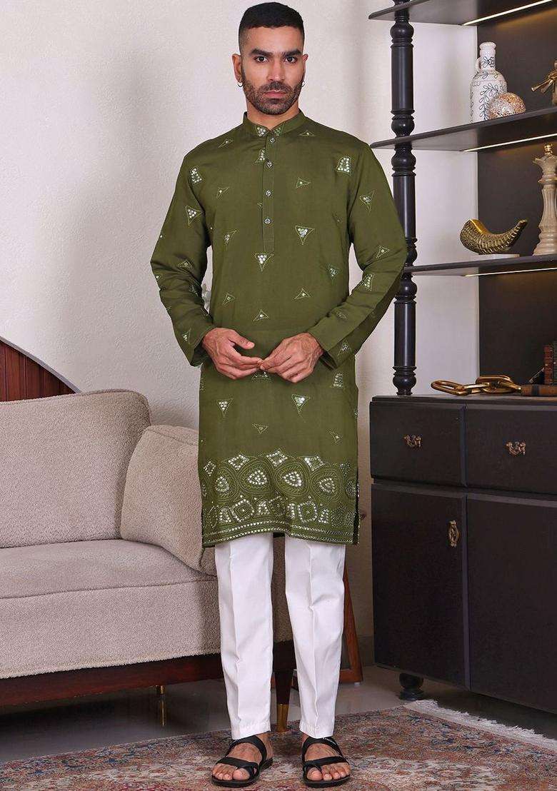 Green Embroidered Viscose Kurta Set For Men - Indya