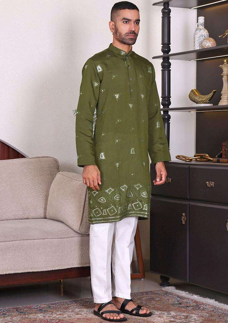 Green Embroidered Viscose Kurta Set For Men - Indya