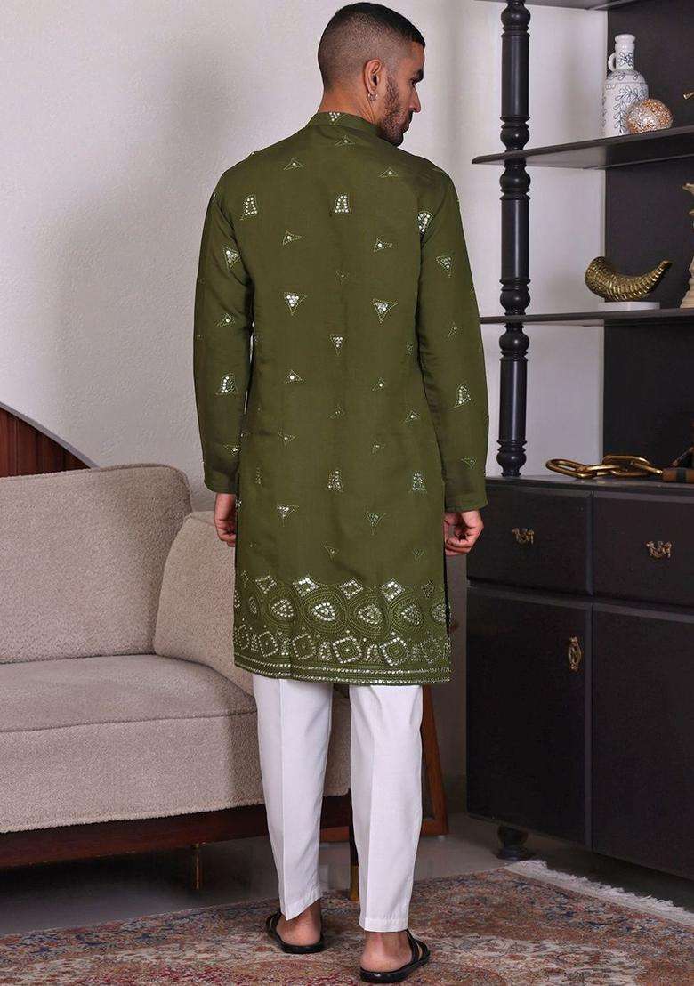 Green Embroidered Viscose Kurta Set For Men - Indya