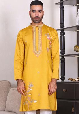 Yellow Embroidered Cotton Kurta Set For Men