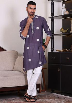 Blue Embroidered Cotton Kurta Set For Men