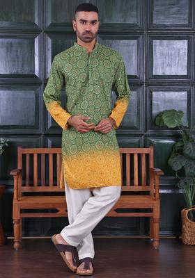 Green Embroidered Cotton Kurta Set For Men