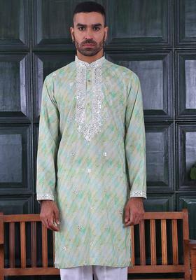 Green Embroidered Viscose Kurta Set For Men
