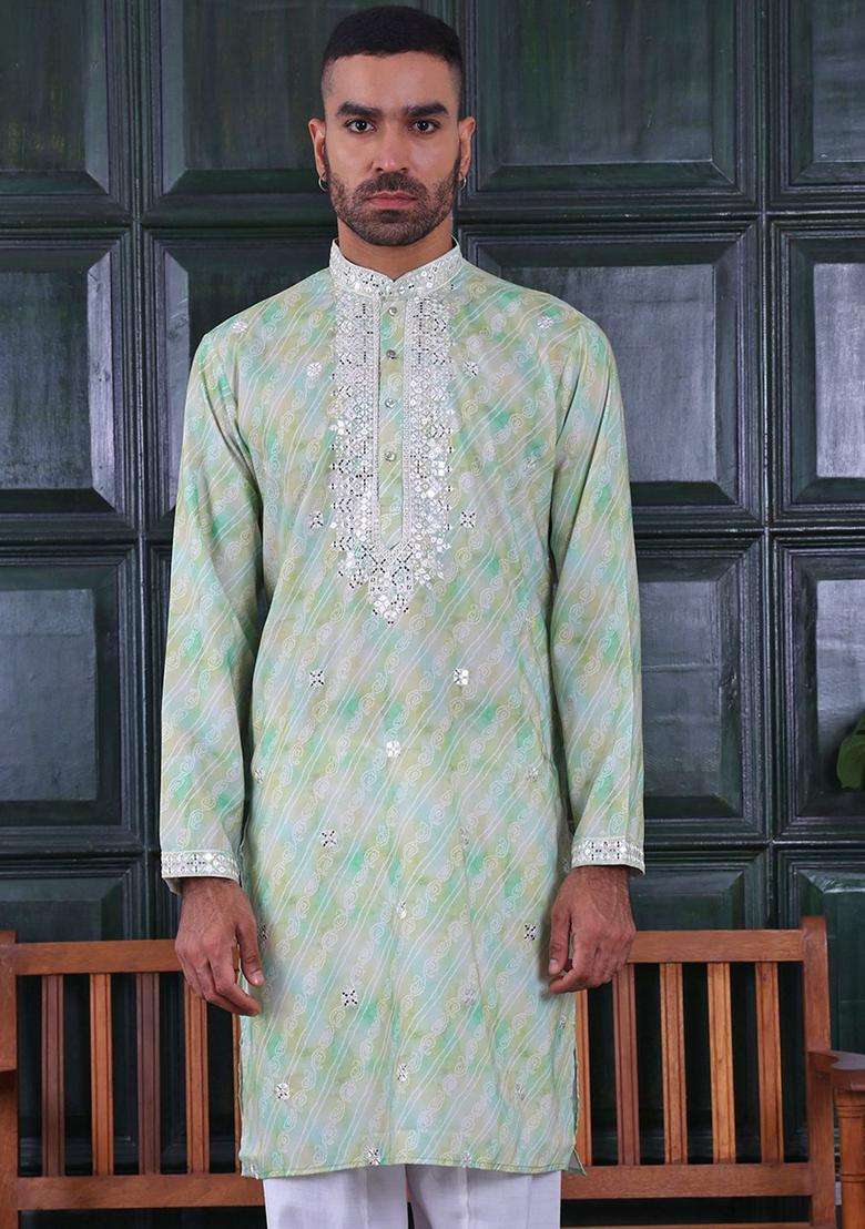 Green Embroidered Viscose Kurta Set For Men - Indya