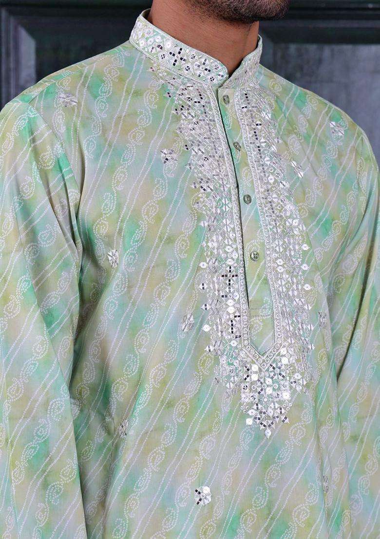 Green Embroidered Viscose Kurta Set For Men - Indya