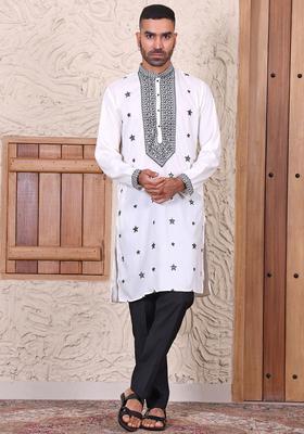 White Embroidered Viscose Kurta Set For Men