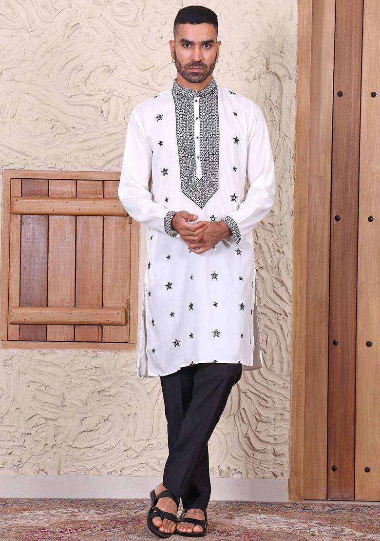 White Embroidered Viscose Kurta Set For Men - Indya