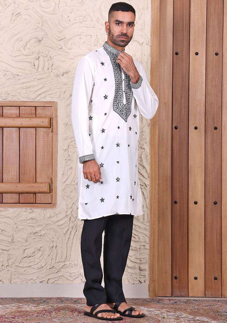 White Embroidered Viscose Kurta Set For Men - Indya