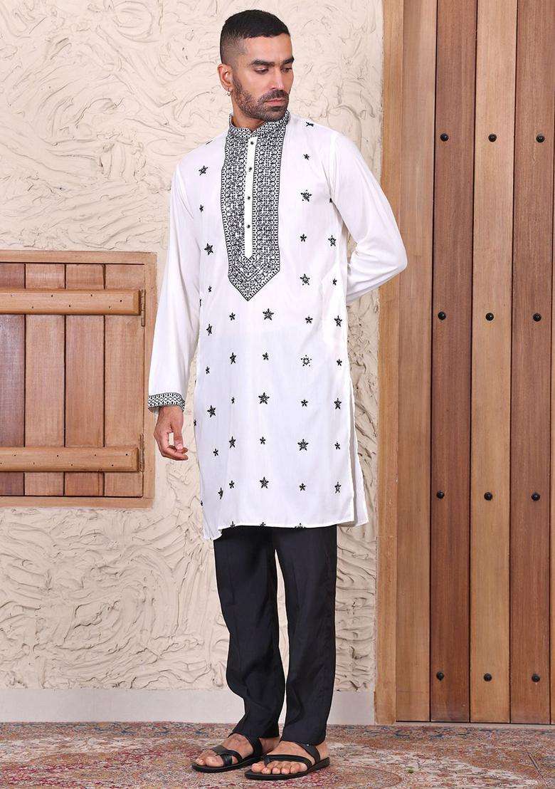 White Embroidered Viscose Kurta Set For Men - Indya