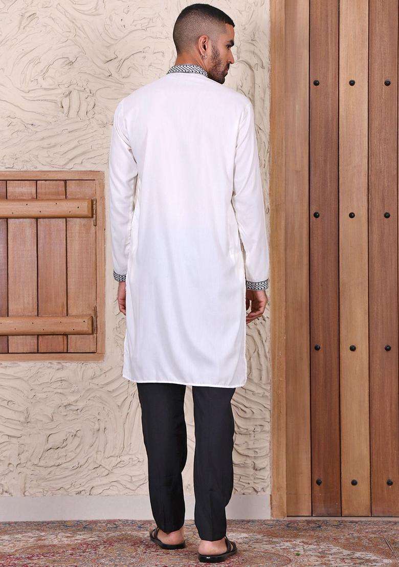 White Embroidered Viscose Kurta Set For Men - Indya