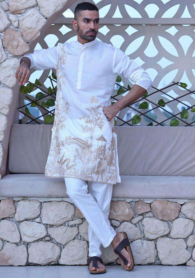 White Embroidered Viscose Kurta Set For Men - Indya