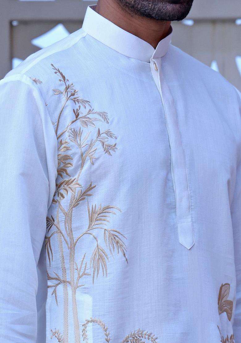 White Embroidered Viscose Kurta Set For Men - Indya