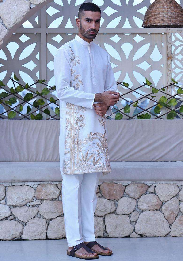 White Embroidered Viscose Kurta Set For Men - Indya